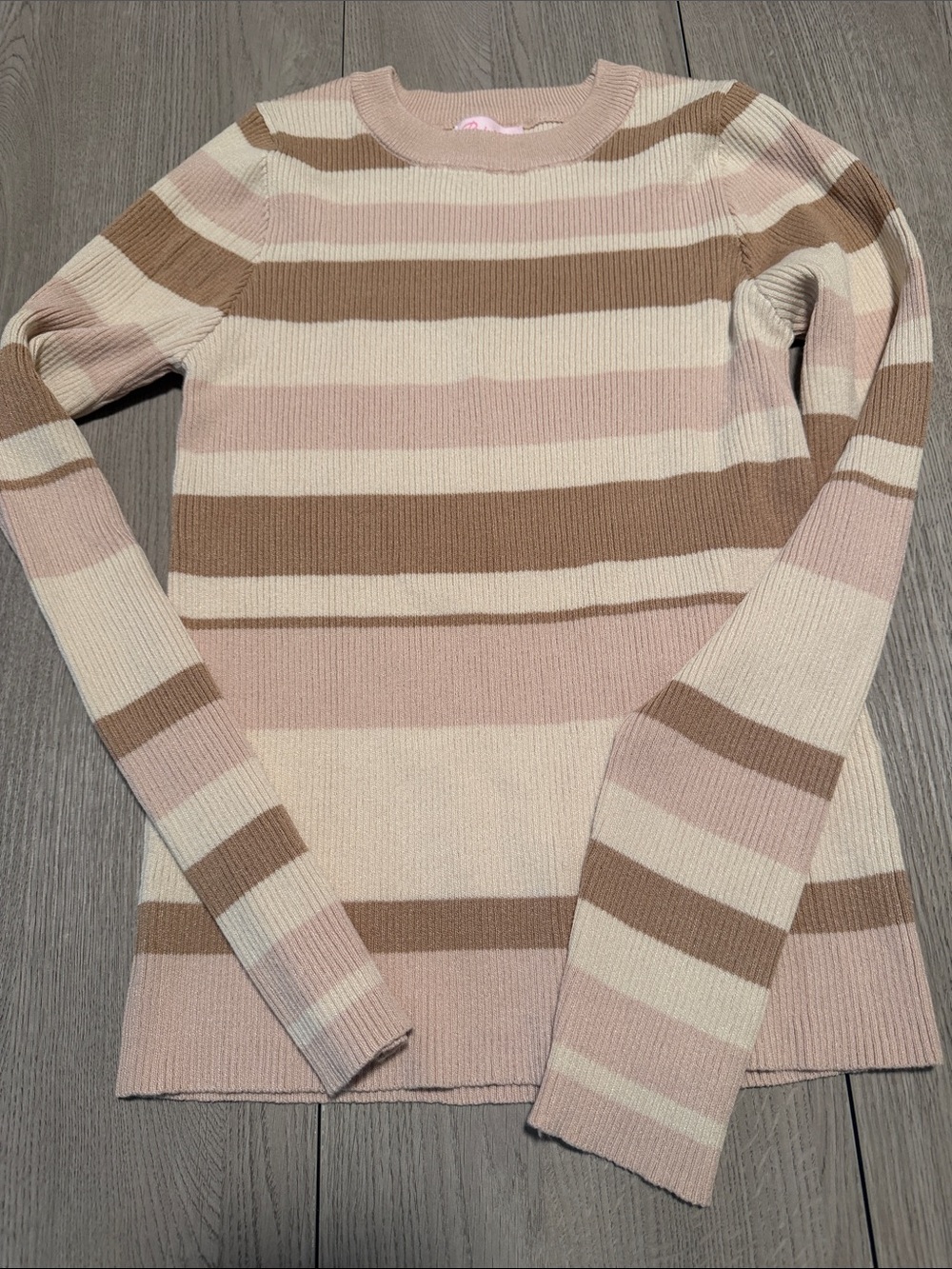 Pink Lily Striped Ribbed Crewneck Sweater - Pink, Cream & Brown